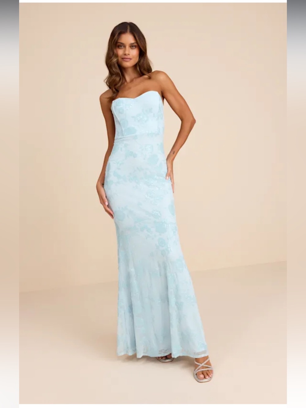 NWT lulus Mayley Light Blue Sequin Strapless Maxi Dress Size Large